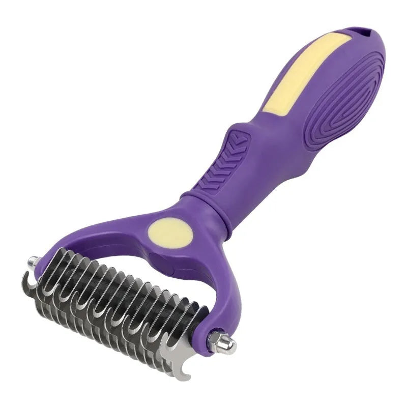 Purple plastic double-sided pet grooming comb for untying knots in cat and dog fur