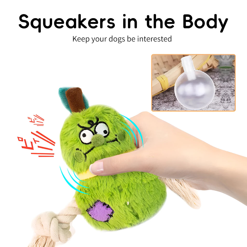 Green and purple interactive dog plush toy with internal rope knot for tug-of-war and chewing.