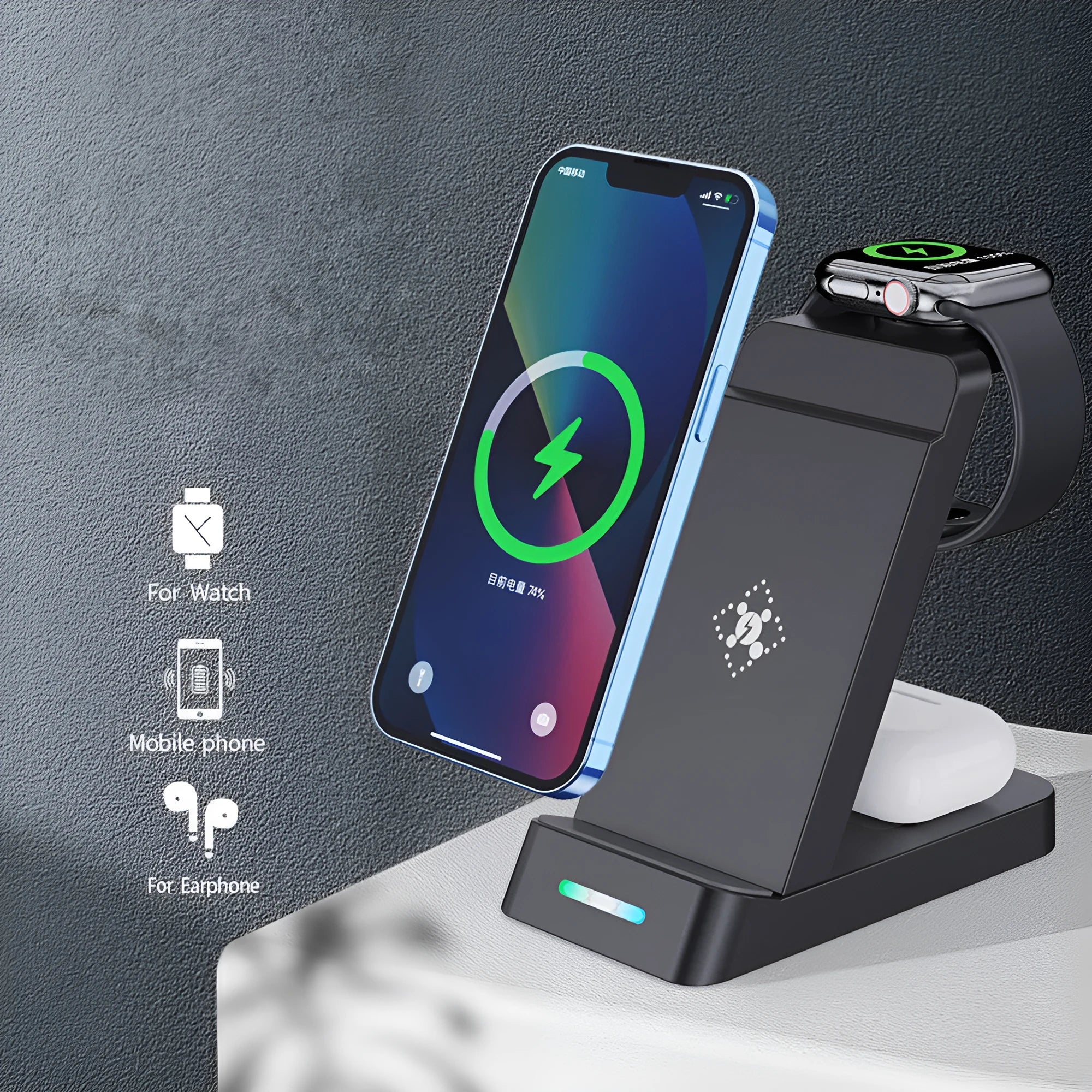 Black and white three-in-one 65W wireless charging station with phone stand for iPhone and Samsung devices