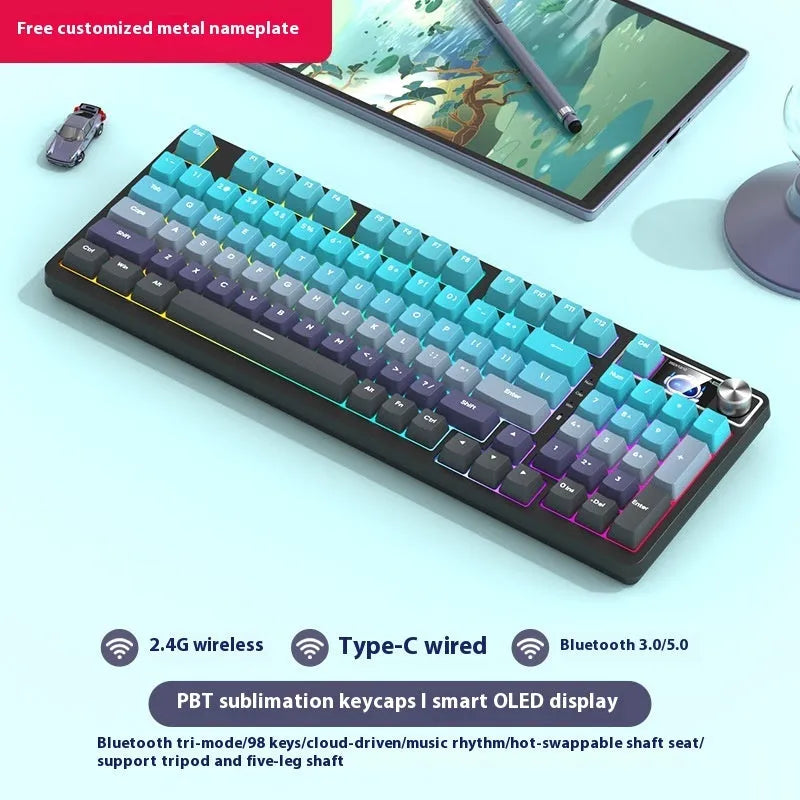 White screen version 98-key wireless mechanical keyboard kit with metal knob on desk
