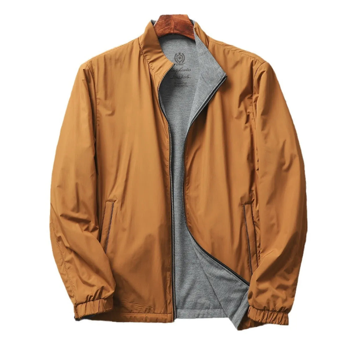 Men's stand collar casual jacket in Army Green colour, shown on a model.