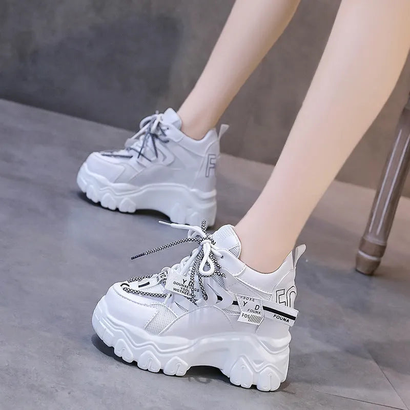 Women's white breathable mesh platform sports shoes with cross strap design and rubber sole