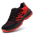 Red summer protective safety shoes with steel toe cap and breathable mesh upper