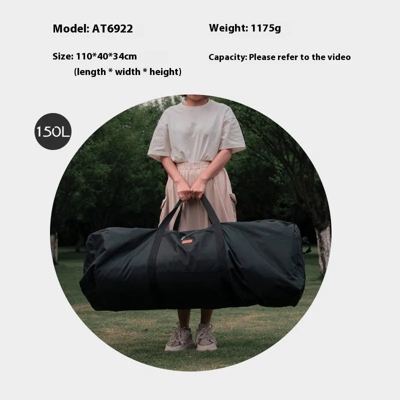 Large black waterproof storage bag with carrying handles, shown next to a folded camping chair.