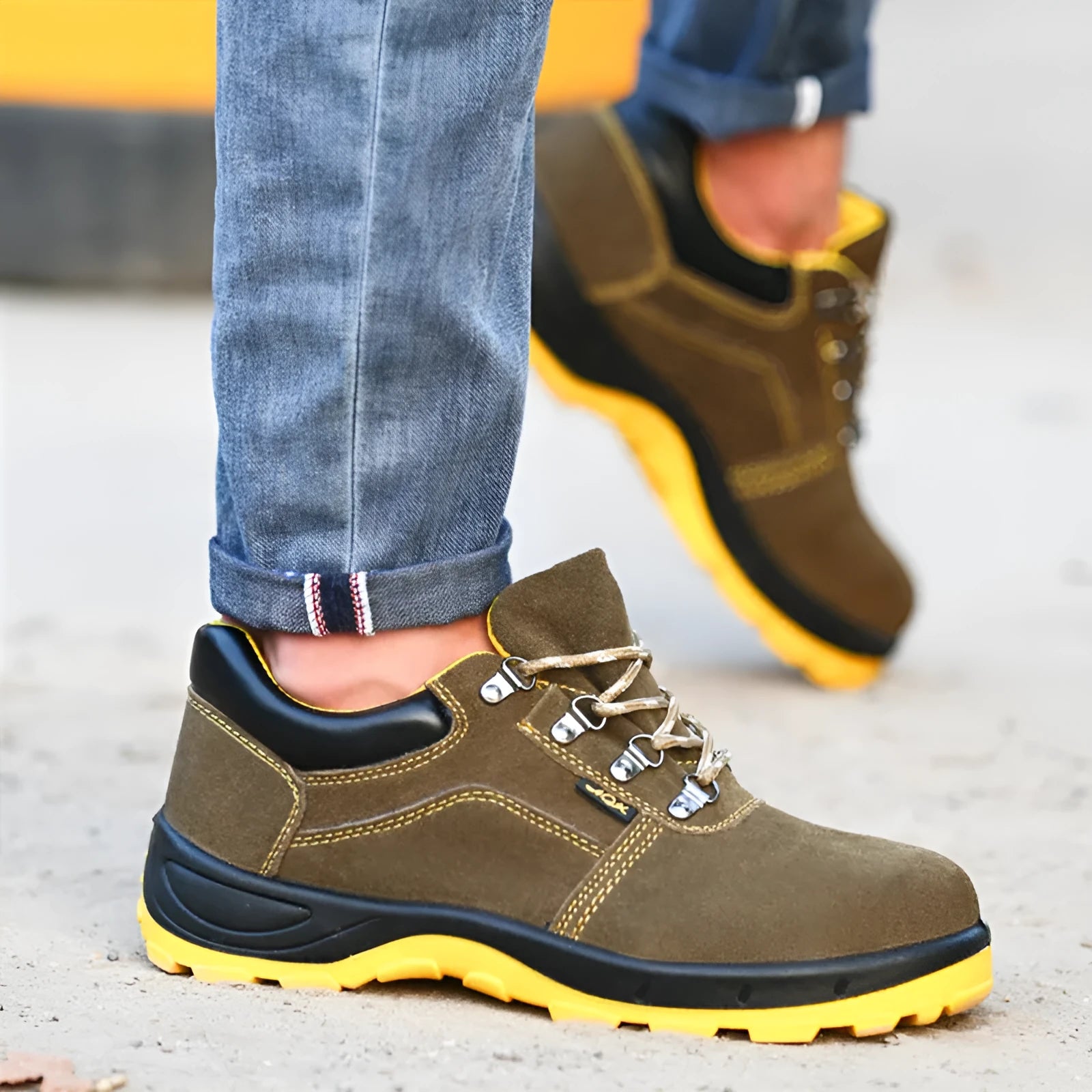 Bronze cow suede leather men's safety boots with a steel toe cap and patterned non-slip sole.