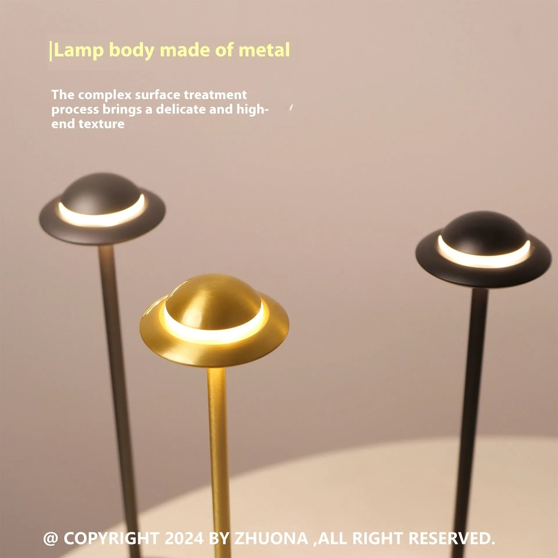 Metallic UFO-shaped table lamp in black finish with a touch-sensitive base for dimming.