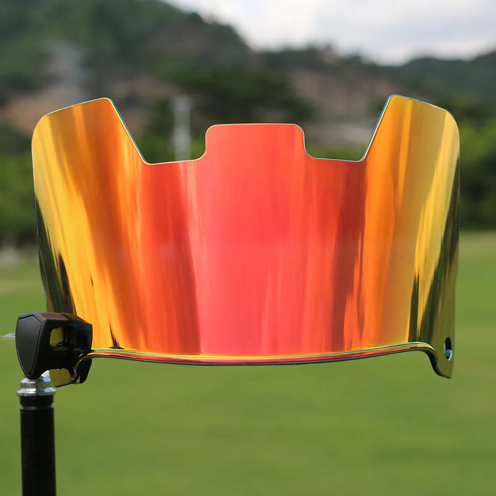 American style rugby helmet goggles in a multicolour option, showing attachment to a rugby helmet.