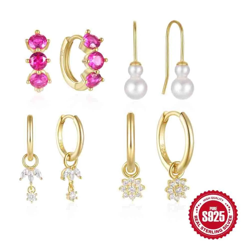 Geometric sunflower design sterling silver earrings with golden three diamonds colour and zircon detailing