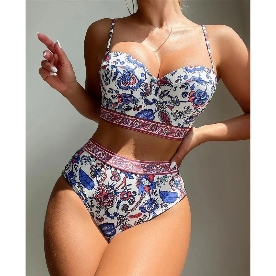 Blue women's high-waist bikini with push-up top and adjustable straps.