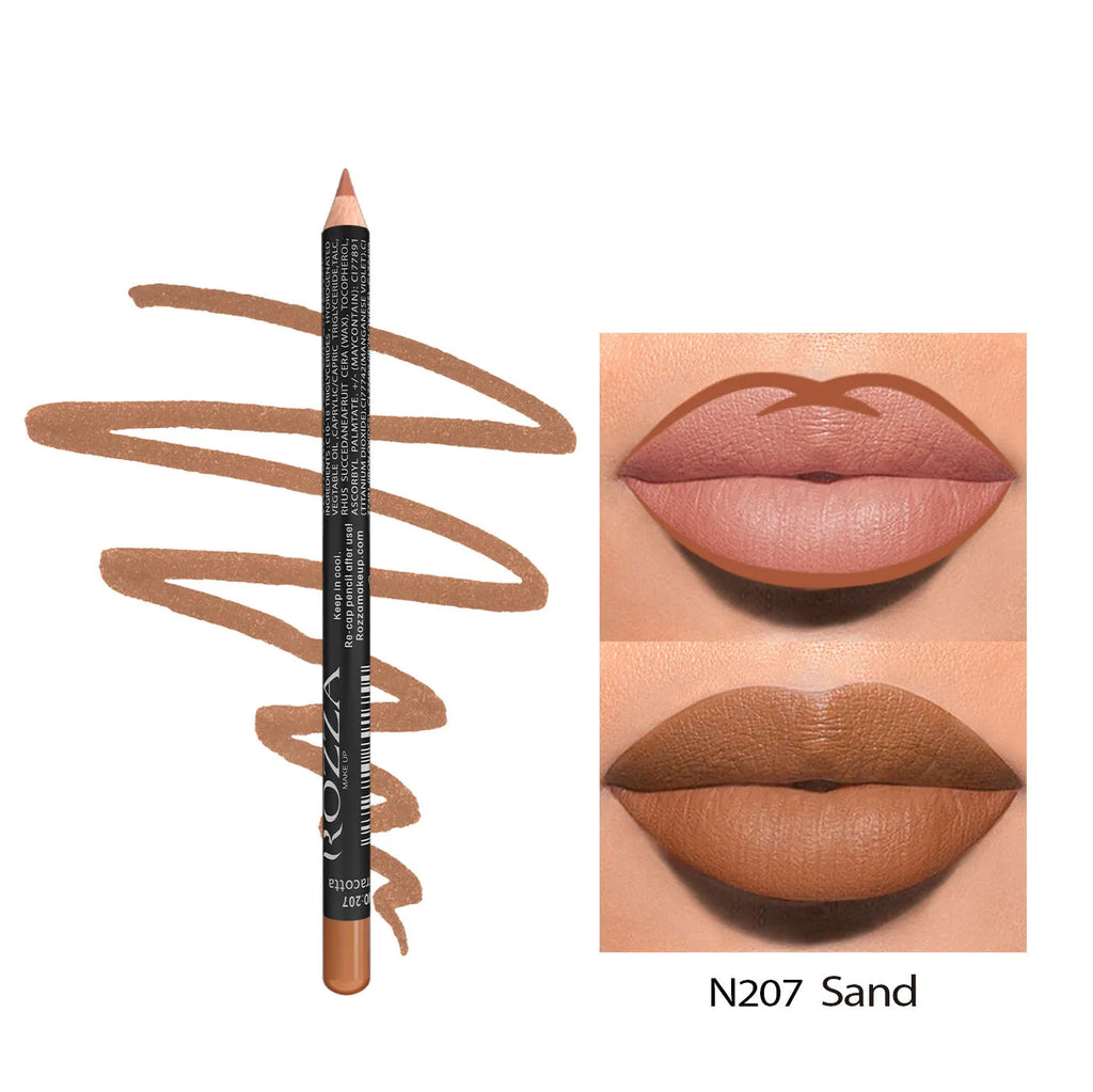 Matte finish lip liner pencil in wood-inspired shades with 24-hour wear and cup transfer resistance claims