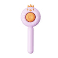 Self-cleaning pet grooming brush with purple white yellow options showing stainless steel bristles