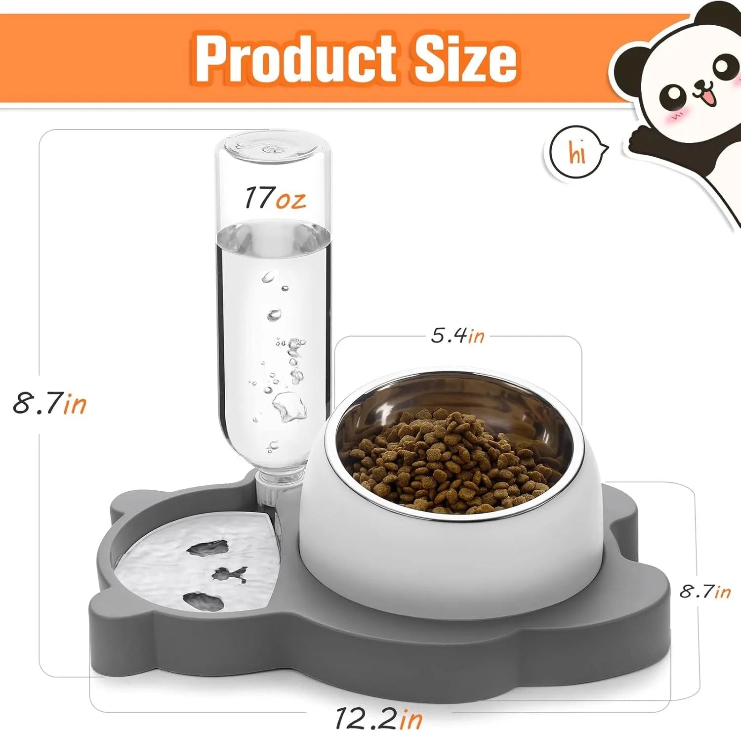 Grey and green panda-shaped automatic water dispenser and tilted pet food bowl set for cats and small dogs