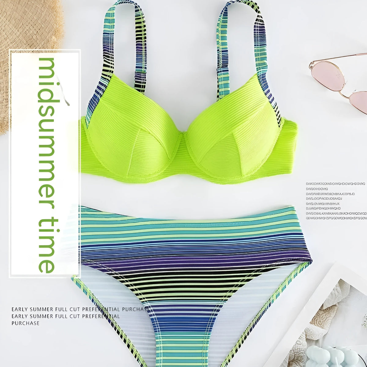 Green printed halter bikini set with split briefs for women