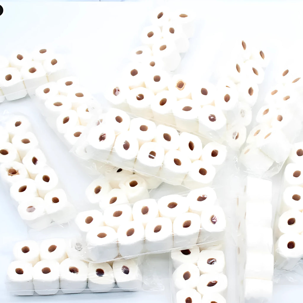 Miniature simulated toilet paper roll model made from paper, shown at 30mm by 15mm by 80mm scale.