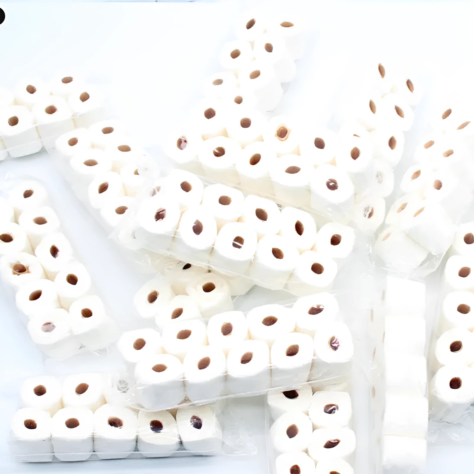 Miniature simulated toilet paper roll model made from paper, shown at 30mm by 15mm by 80mm scale.