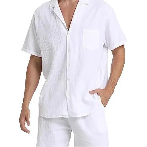 Men's linen summer sports suit with short-sleeved top and matching shorts in army green colour