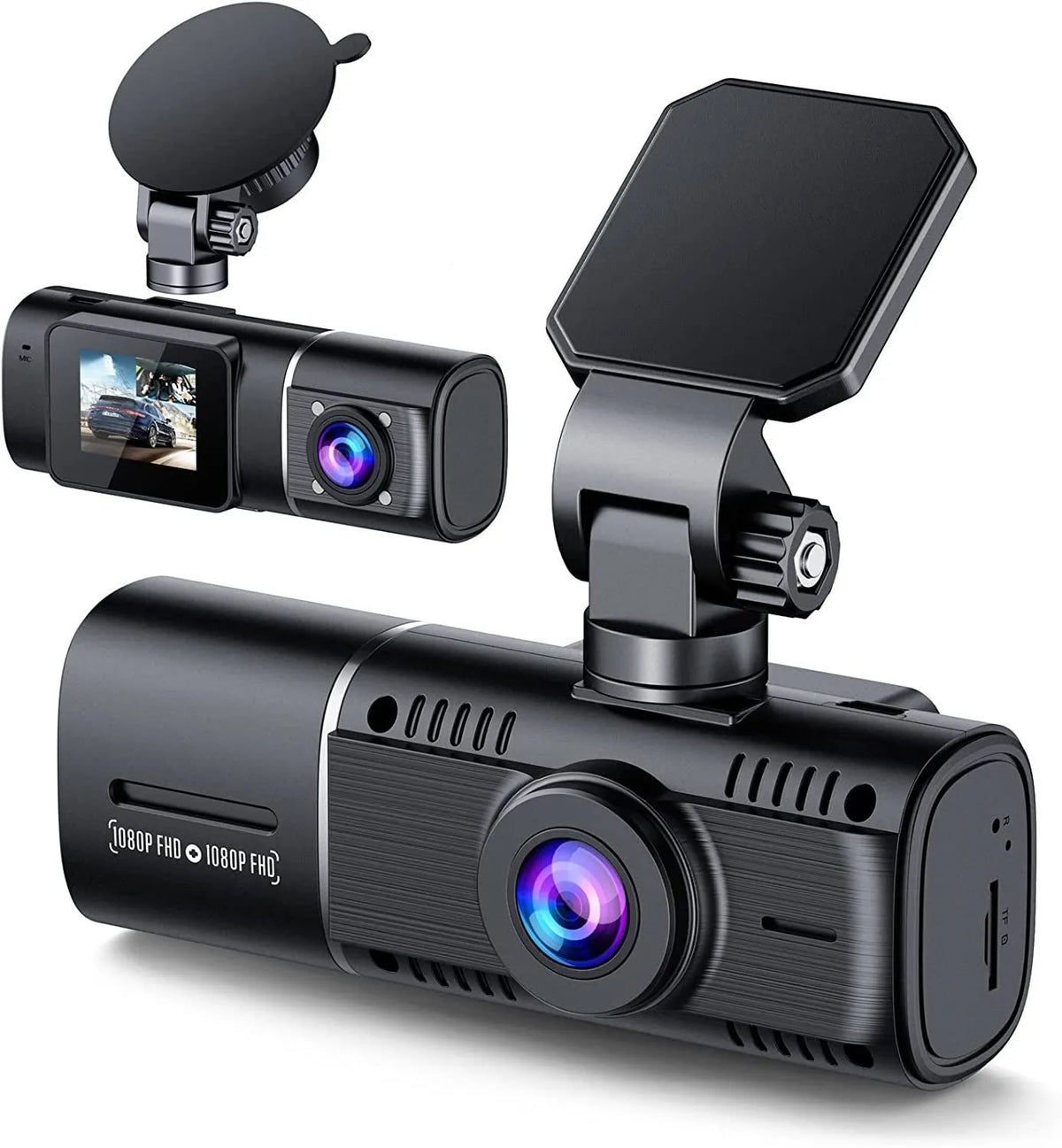 Black dual-lens car dash camera for front and rear recording with parking surveillance mode