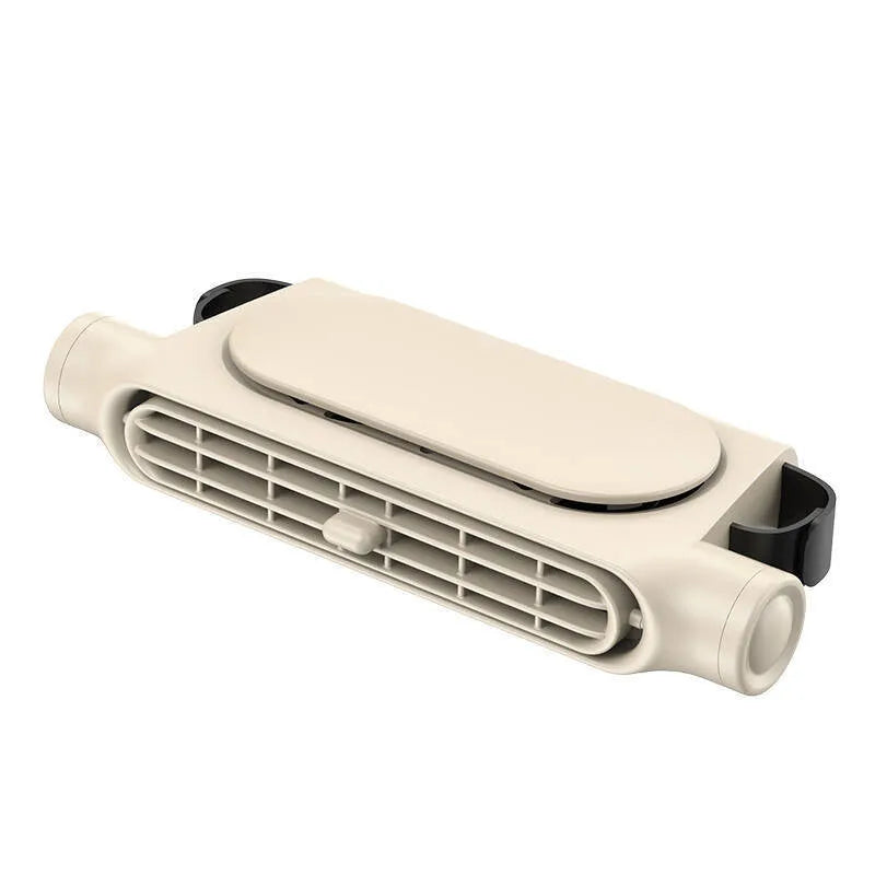 USB plug-in car seat fan with velcro strips and three-speed button in black, white, or beige.