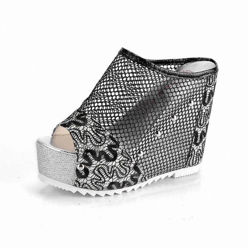 Korean style women's platform flip-flops with a hollowed-out chunky heel and mesh upper.