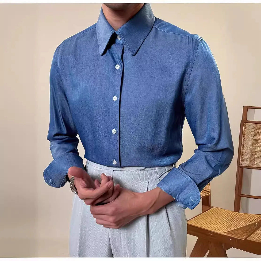 Men's slim fit long sleeve shirt in blue with round collar, business casual style