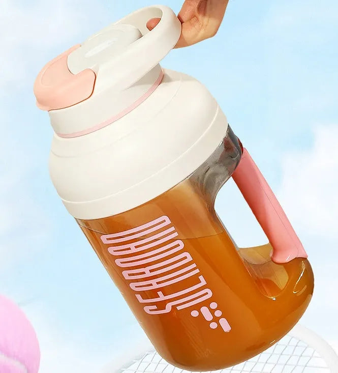 Electric portable juicer with 1500ml juice cup, 80W motor, plastic body, and PC food grade liner, shown in pink, grey, green, or orange.
