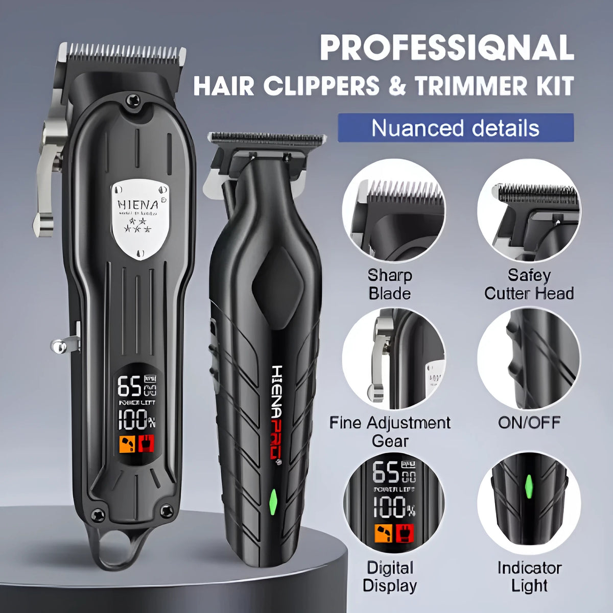 Black USB-powered hair clipper set with LED display and aluminium foil shaver attachment