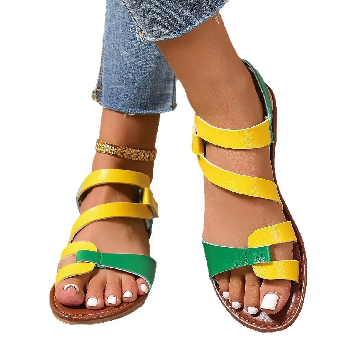 Women's flat sandals with Velcro straps in black, brown, and colourful options on a rubber sole.