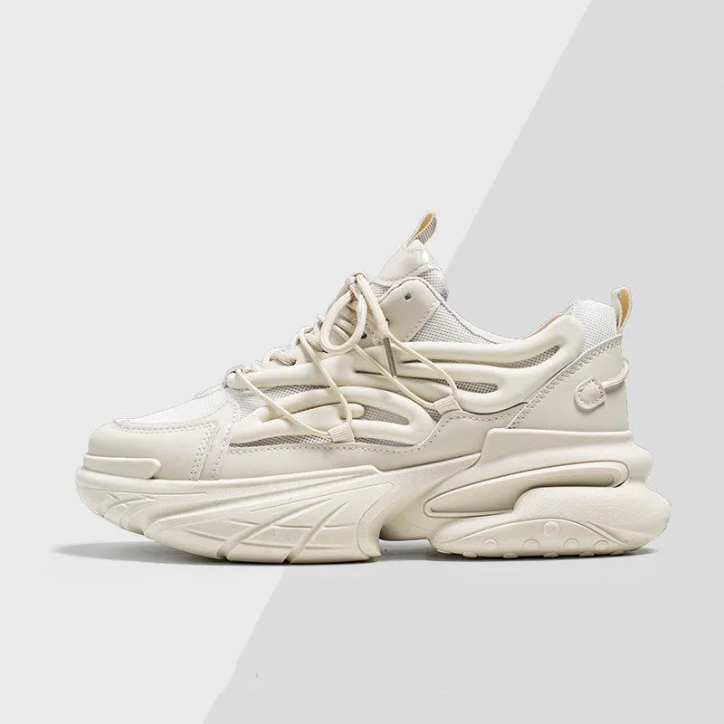 Men's low-top sneaker in beige with mesh PU leather upper and lace-up design on a rubber sole.