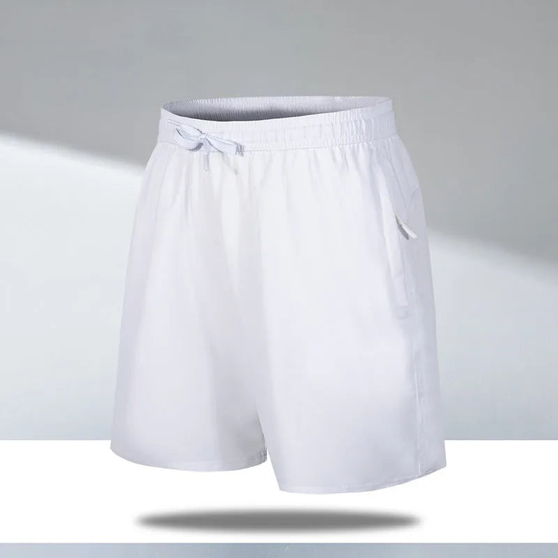 Men's loose-fitting quick-dry beach shorts in polyester ice silk fabric, shown in multiple colour options.