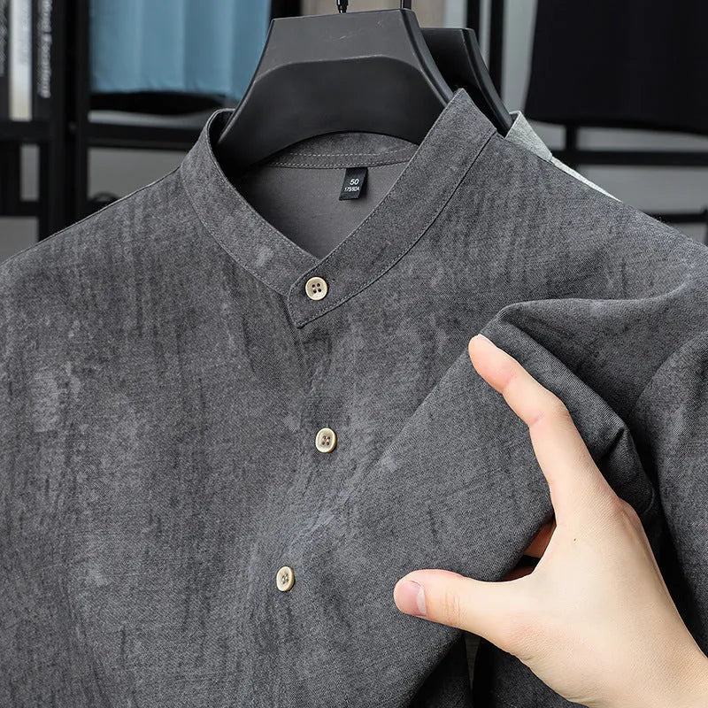 Men's loose fit linen-style shirt with stand collar in grey colour on hanger