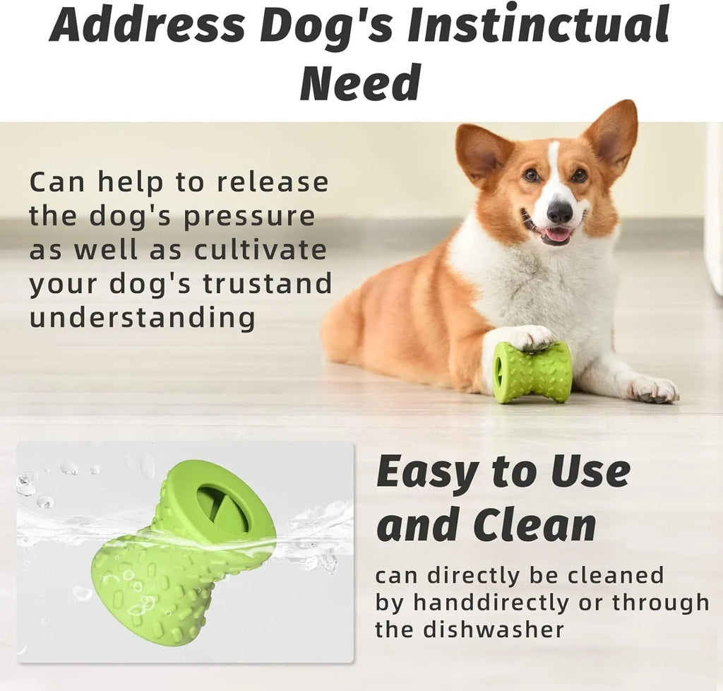 Blue natural rubber treat dispensing dog bone toy with hollow design and food leakage holes