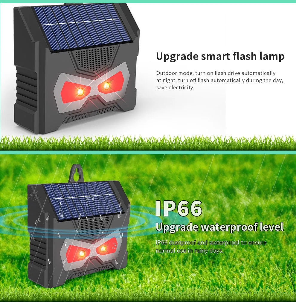 Black solar-powered ultrasonic animal repeller for outdoor garden pest control