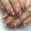 Almond-shaped removable nail art with rose and tulip floral patterns in European and American styling