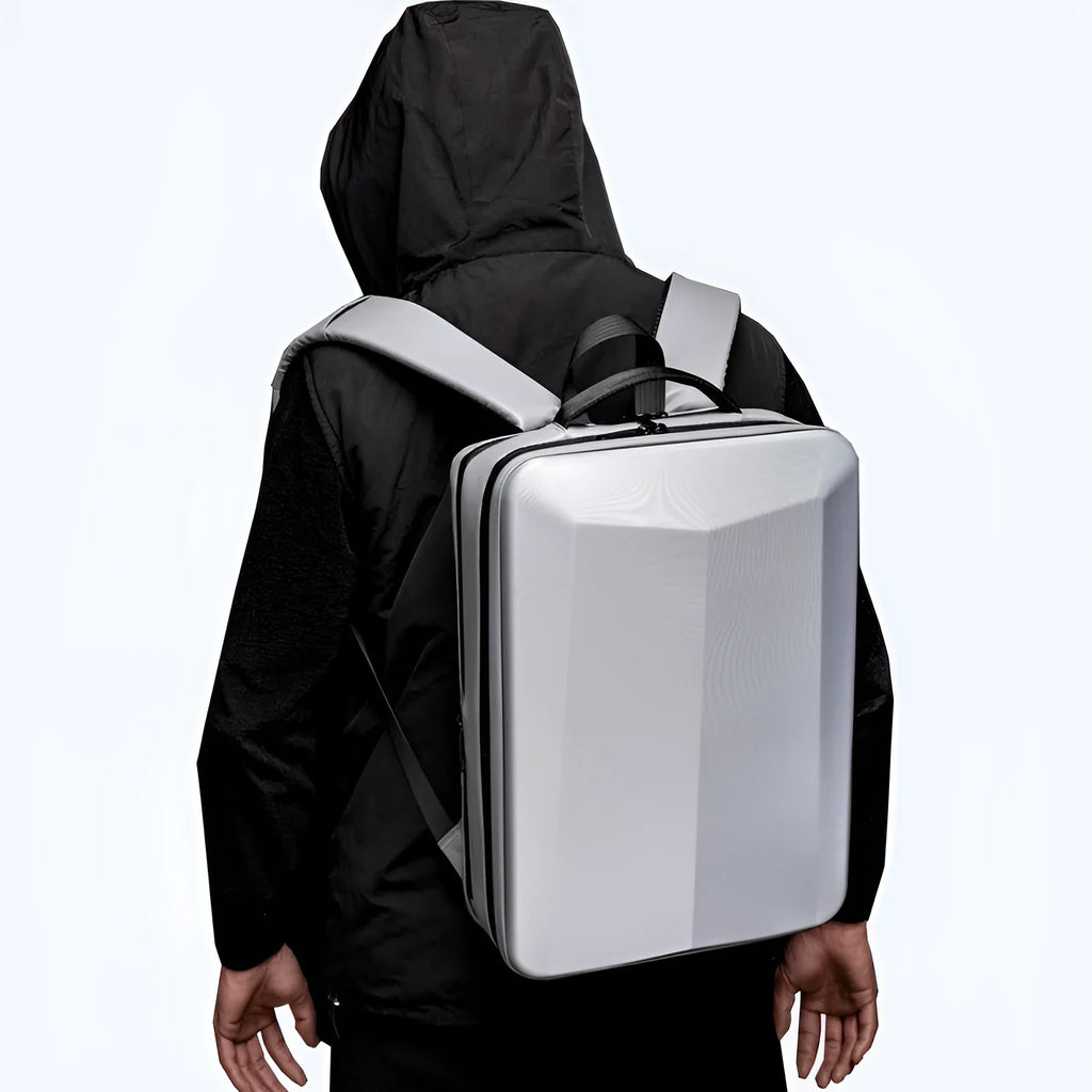 Waterproof black business backpack with curved shoulder straps and laptop compartment