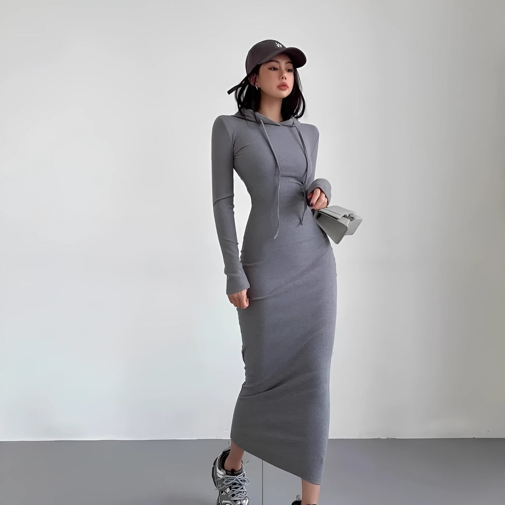 Women's grey hooded long sleeve sheath dress with a high waist on a hanger.