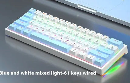 Blue and white 61-key compact mechanical keyboard with hot-swappable switches on black background