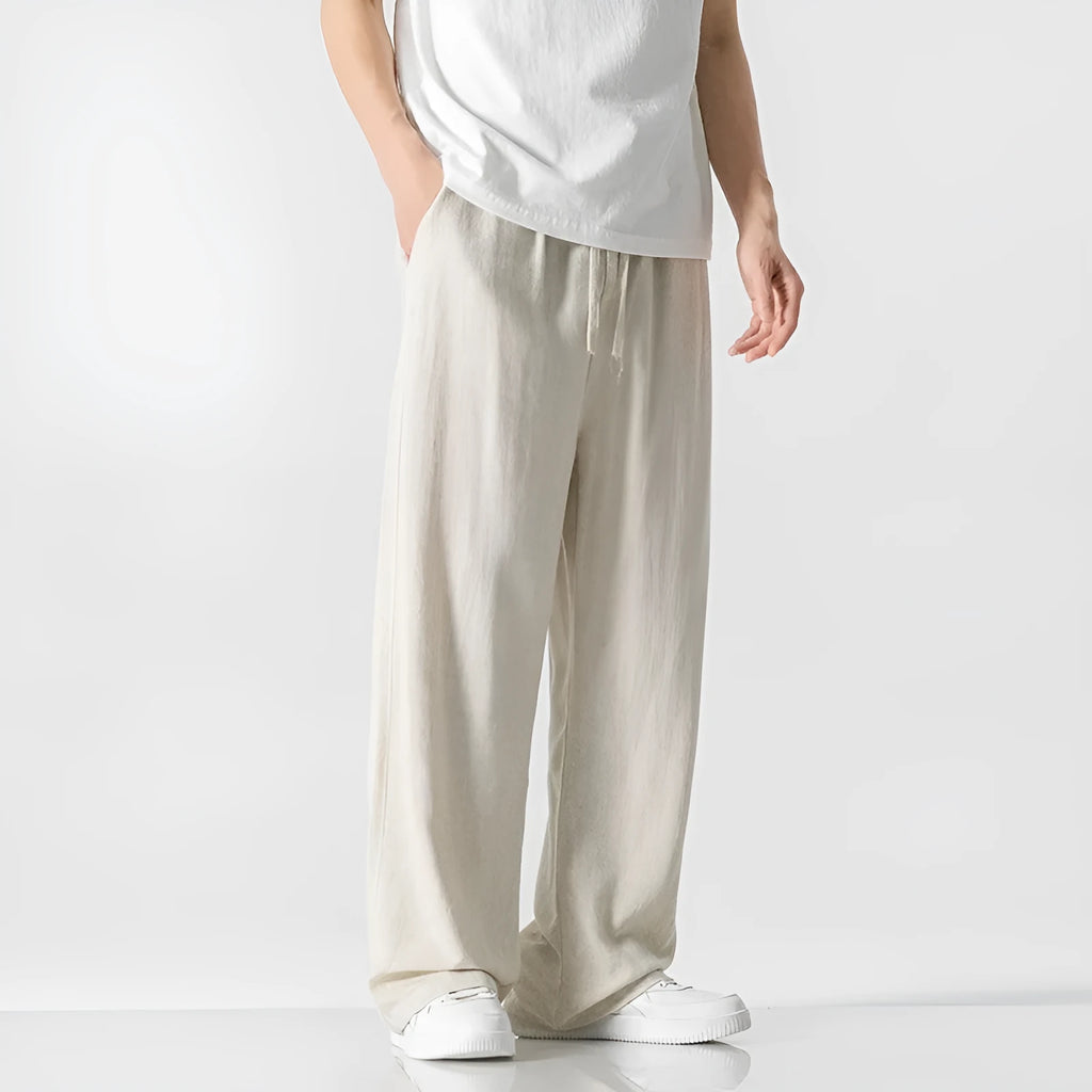 Men's bamboo fibre summer trousers in cropped straight-leg style with drawstring waistband