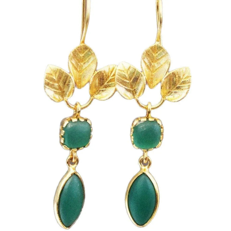 Gold coloured retro earrings with water drop zircon stones and French leaves tassel detail.