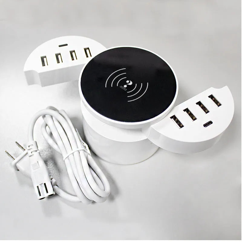 Ceramic white multi-port wireless circular smart phone charger with international adapters