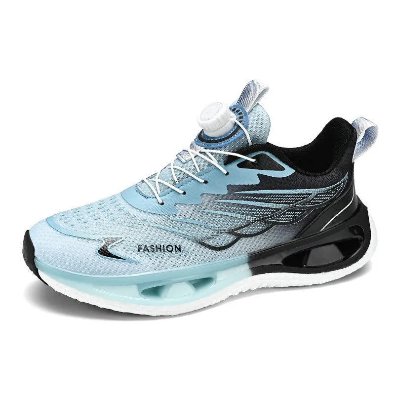 Youth sneakers with rotating button and shock absorption in light blue mesh fabric with rubber soles