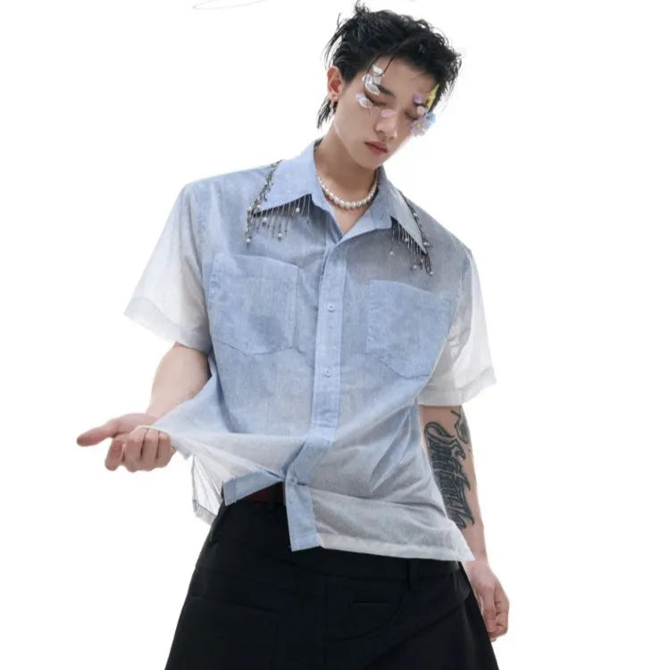 Blue and white gradient short sleeve shirt with loose fit design