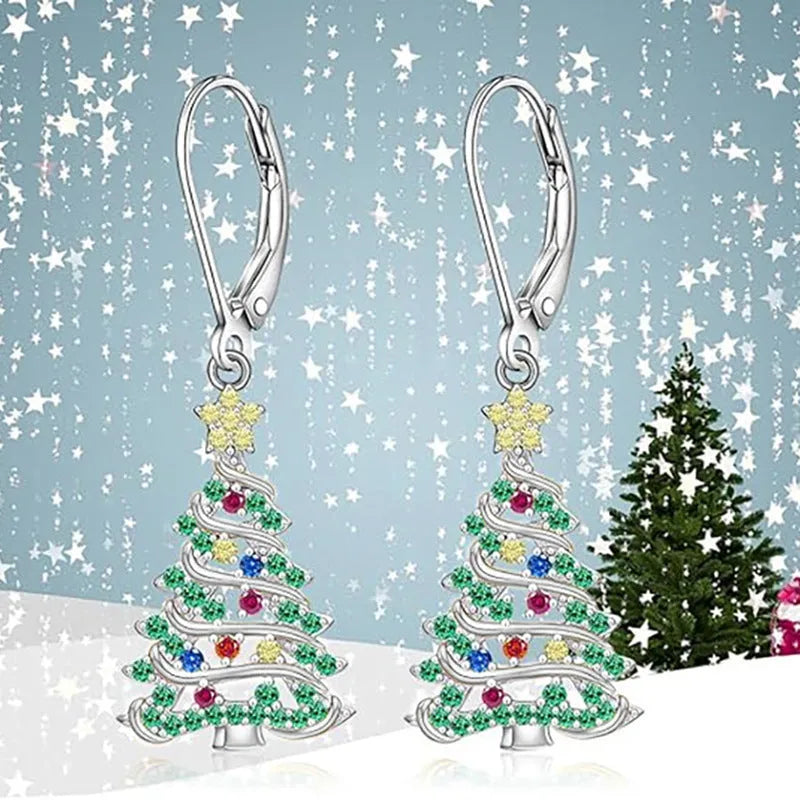 Copper Christmas tree earrings with star design in white gold colour finish for women