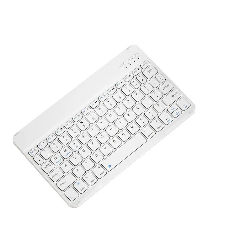 Compact white Bluetooth keyboard for tablet and PC use on a wooden desk