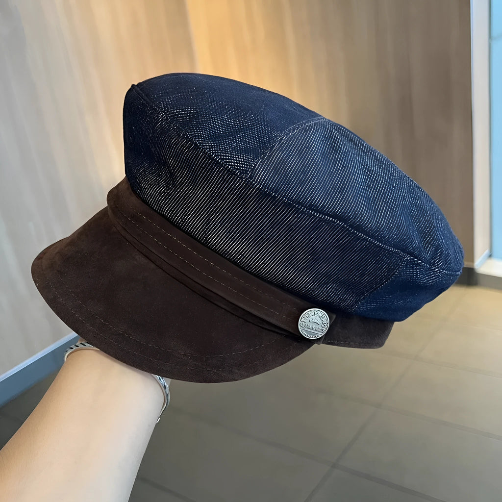 British retro octagonal denim newsboy hat with adjustable sizing