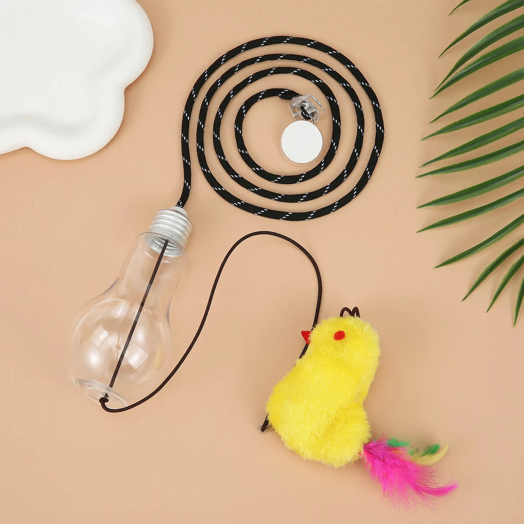 Interactive cat toy hanging on door frame with elastic rope, dangling mouse toy, and treat reward bulb