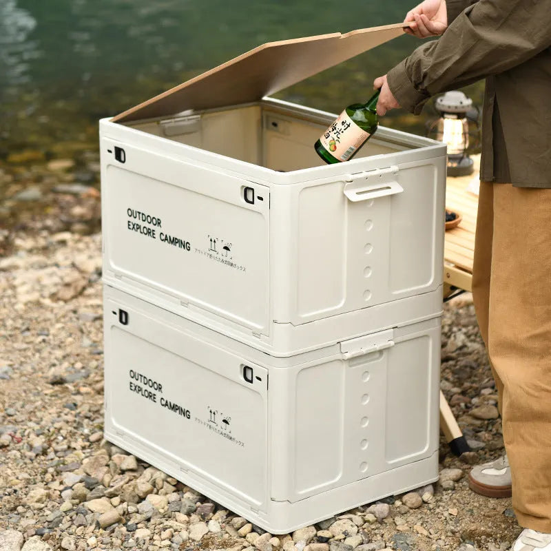 Large white foldable plastic storage box with wooden lid for household organisation