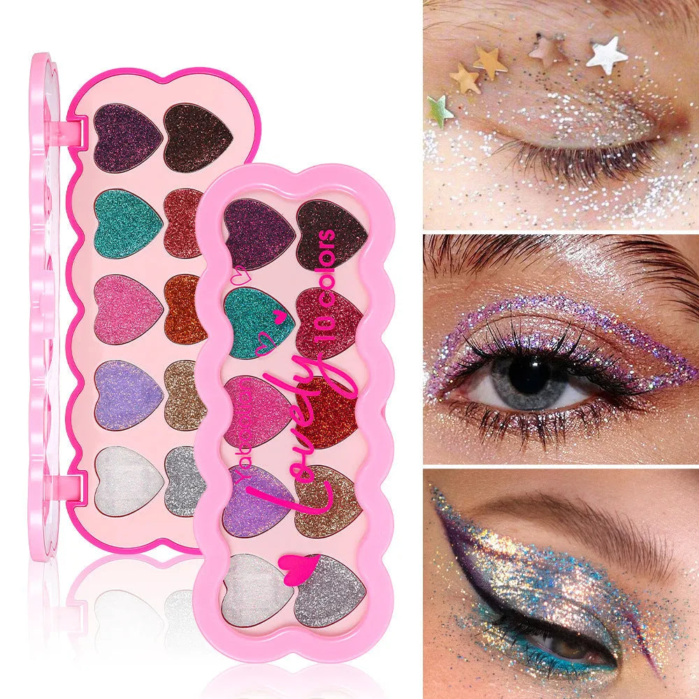 Pearlescent Heart ten-color sequins eye shadow palette open showing shades including coral, blue and purple.