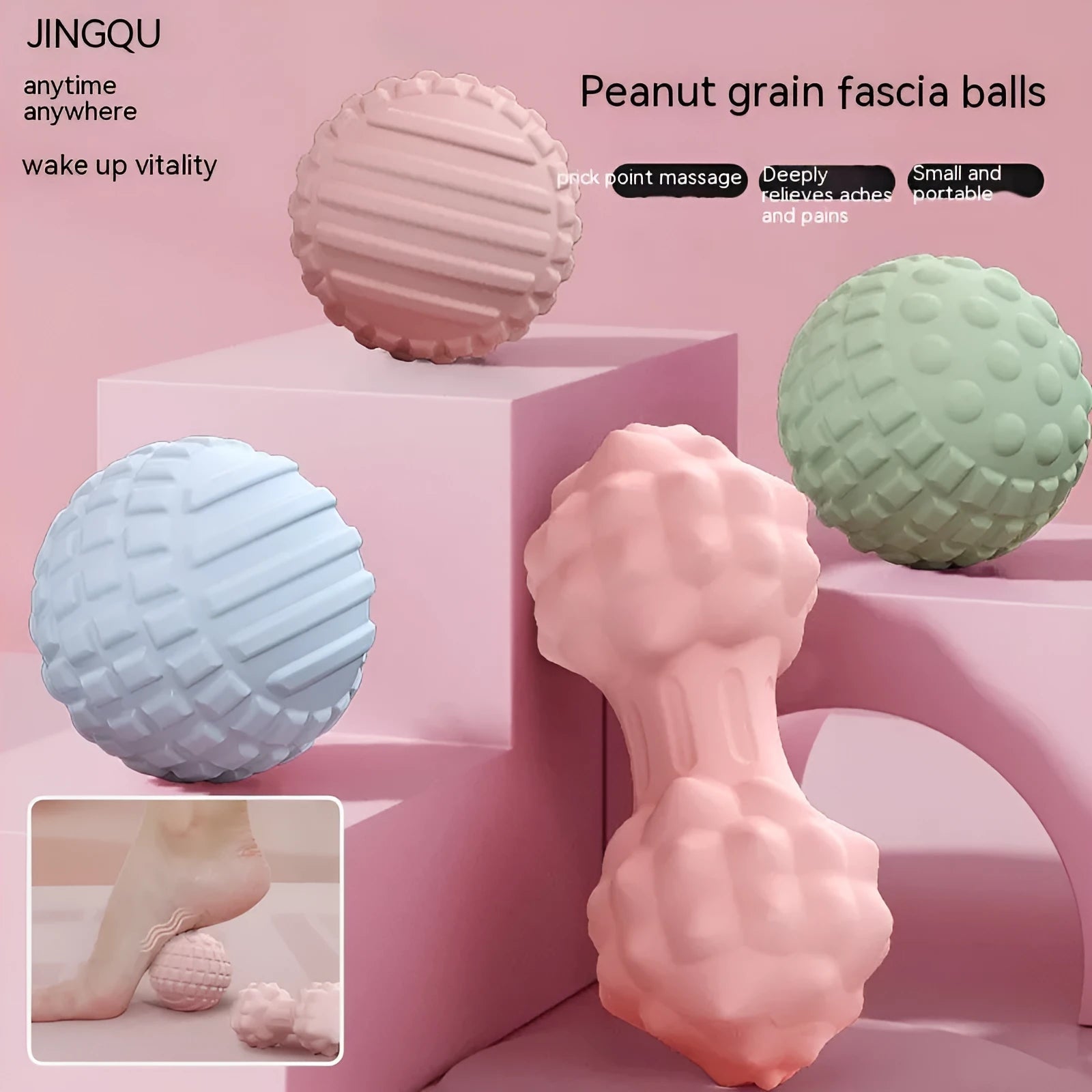 TPR foot massage ball and peanut yoga balls in pink, blue, green, and purple colour options.