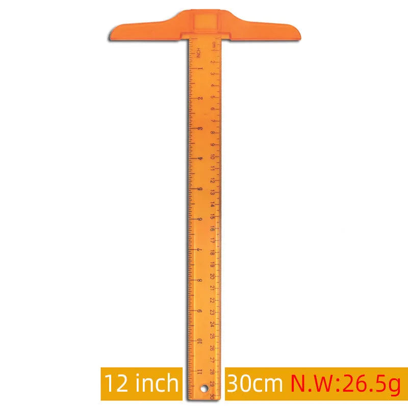 Orange transparent T-shaped plastic ruler with measurement markings on a white background