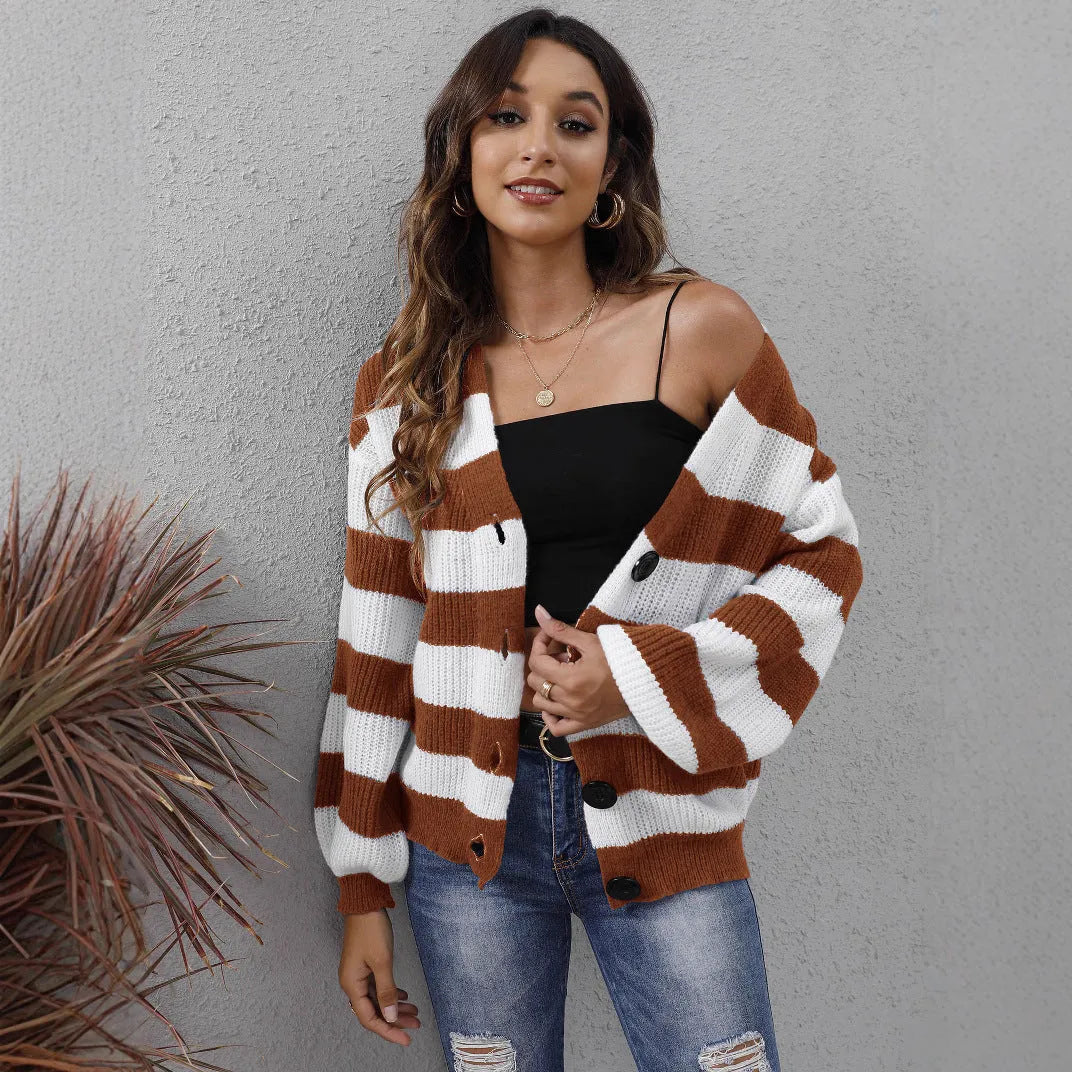 Women's striped deer plush cardigan with button front in blue, black, brown, or dark green.